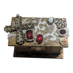 Handmade Vintage Style Jewelry Box Cross Lace Rhinestone Trinket Box Rustic Wood